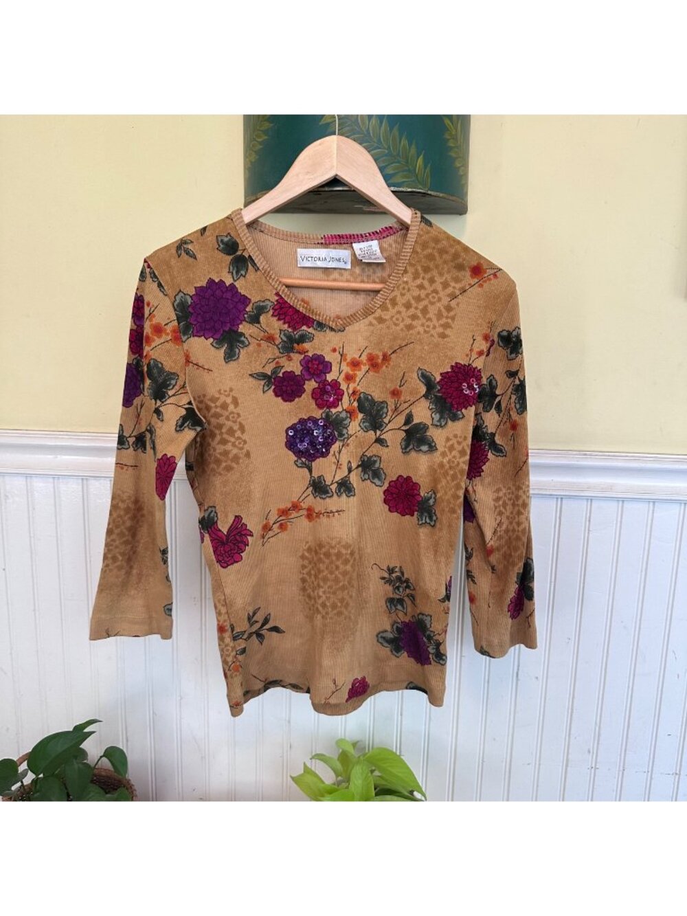 Victoria Jones Vintage 90s long sleeve stretch top floral print sequins M